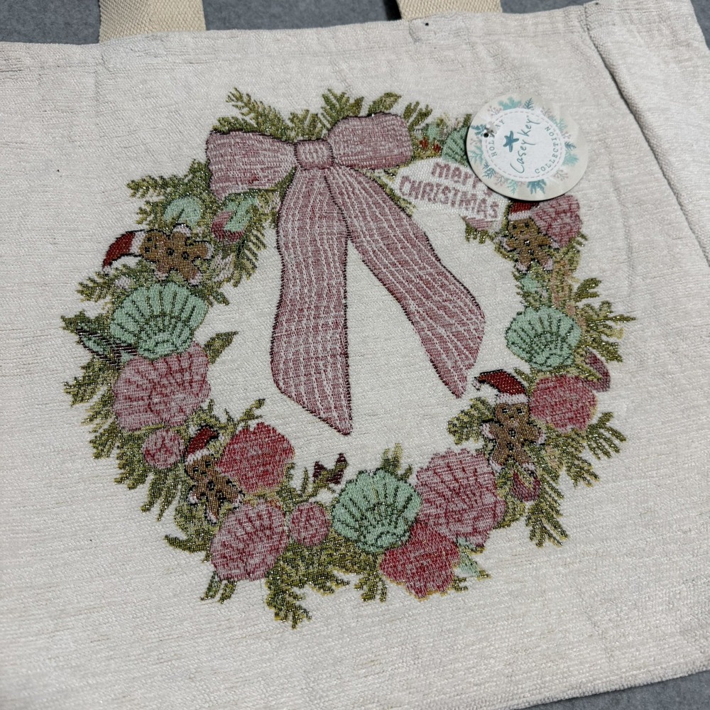 Casey Key Christmas Tote Bag Coastal Beach Shell Wreath Pink Bow Holiday NWT